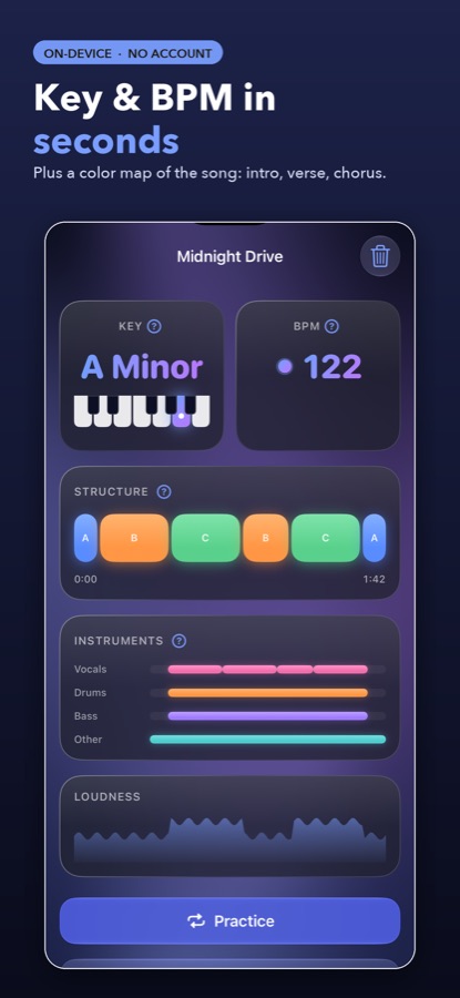 Key, tempo and chords of a song